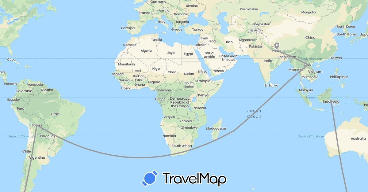 TravelMap itinerary: driving, plane in Indonesia, Laos, Malaysia, Nepal, Philippines (Asia)
